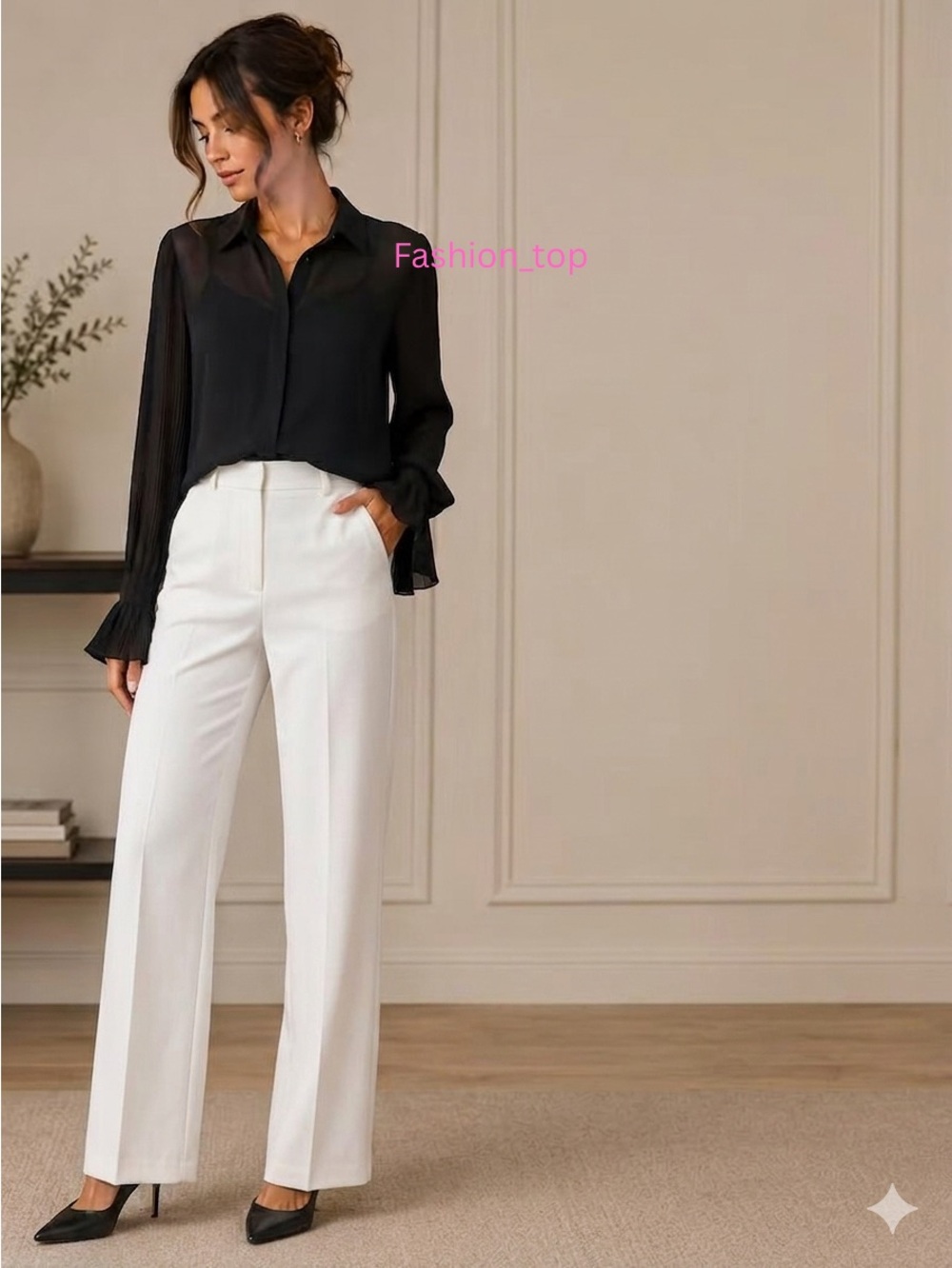 HYFVE Black Sheer Button-Down Blouse with Pleated Long Sleeves  Size L